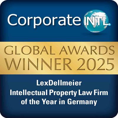 Award graphic from Corporate INTL: LexDellmeier is named Intellectual Property Law Firm of the Year in Germany and receives the Global Award 2025.