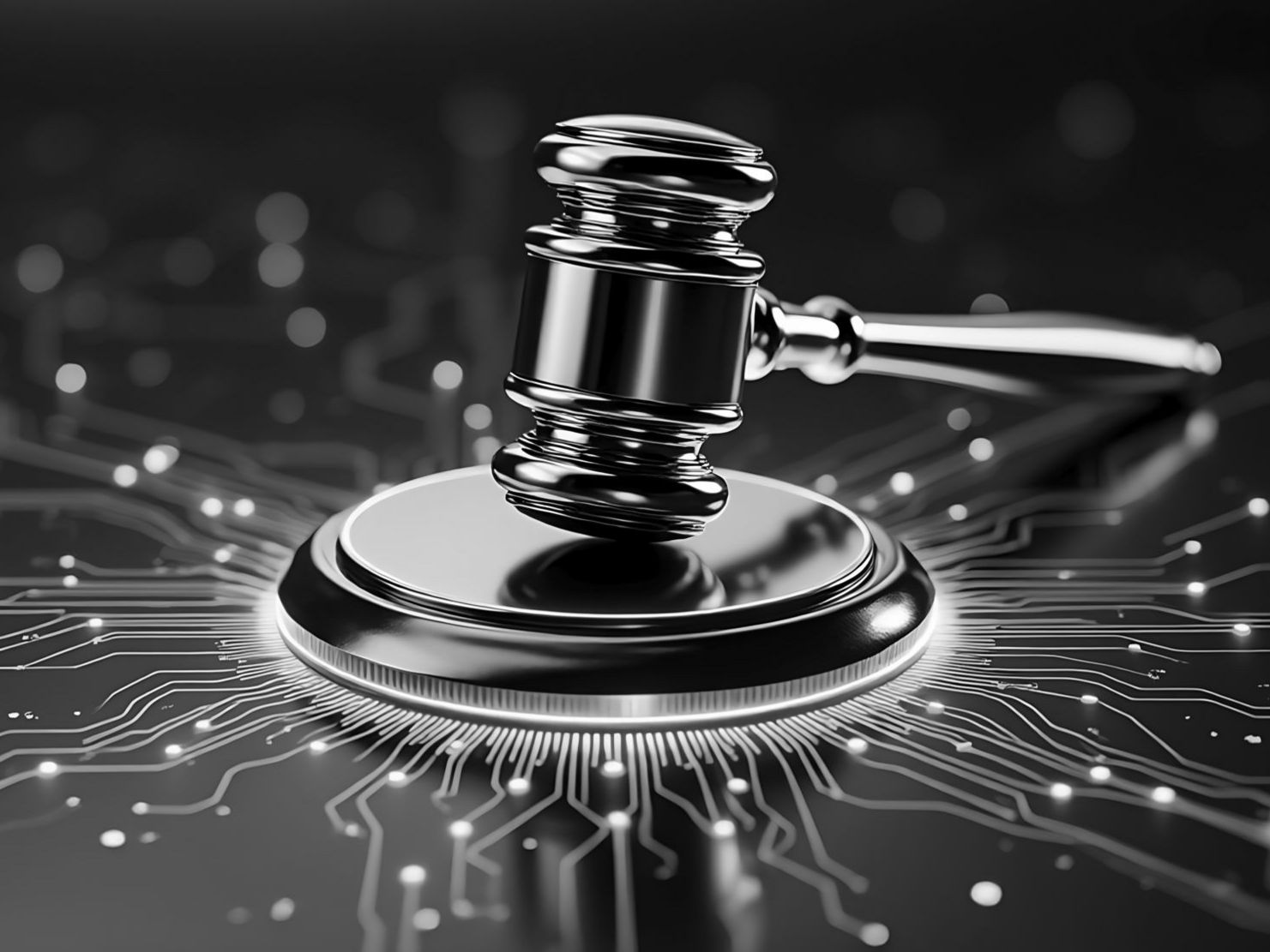 Black judge's gavel on a pedestal above a glowing circuit board.