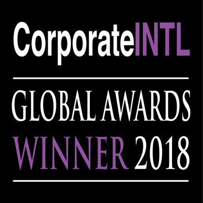 Black graphic with the text “Corporate NTL Global Awards – Winner 2018” in white and purple lettering.