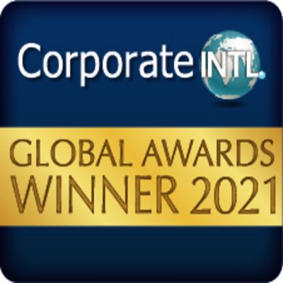 Dark blue badge reading “Corporate INTL. Global Awards Winner 2021” with a golden globe.