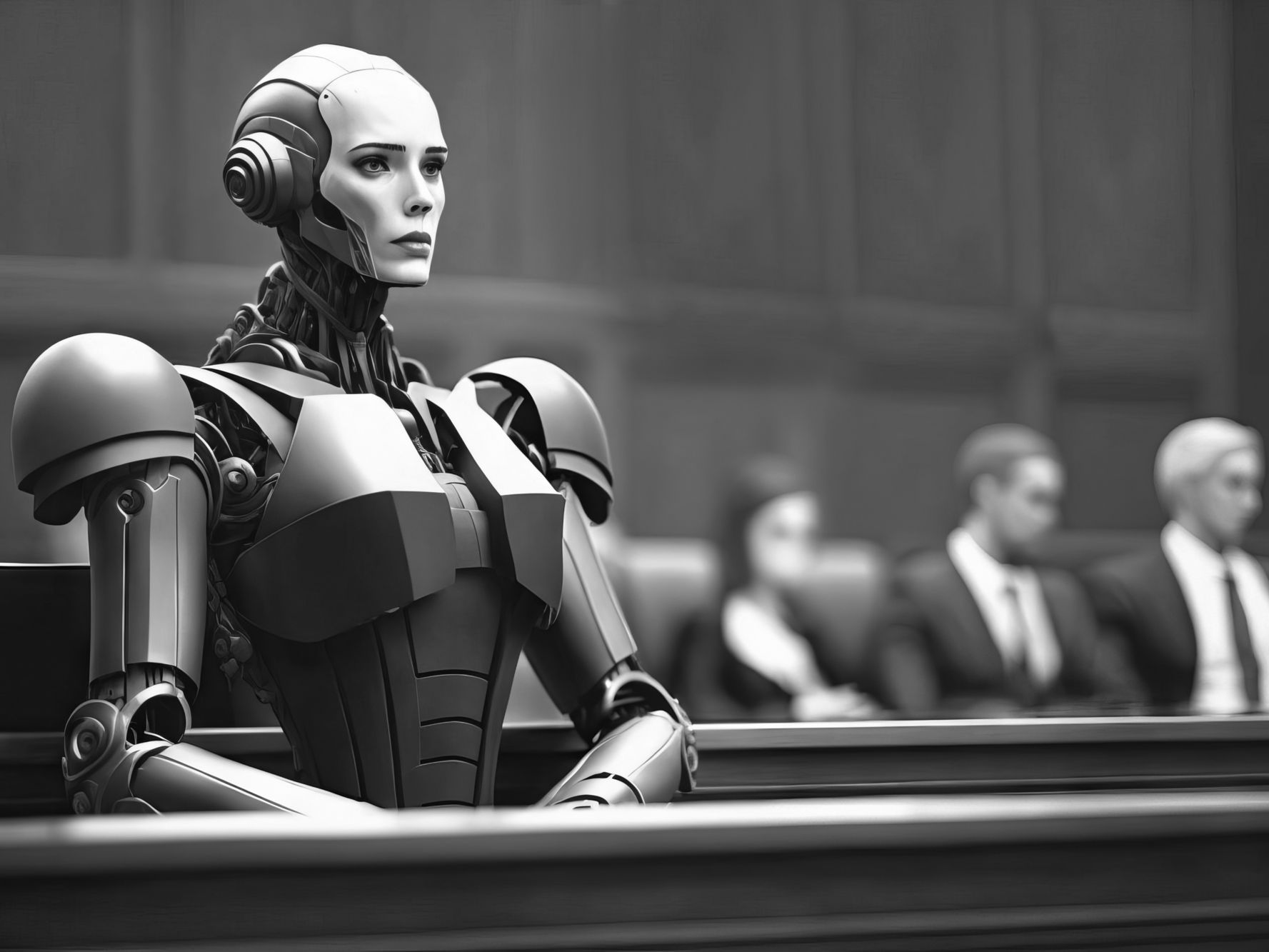 Close-up of a humanoid robot in a negotiation setting, with several blurred businesspeople in the background.