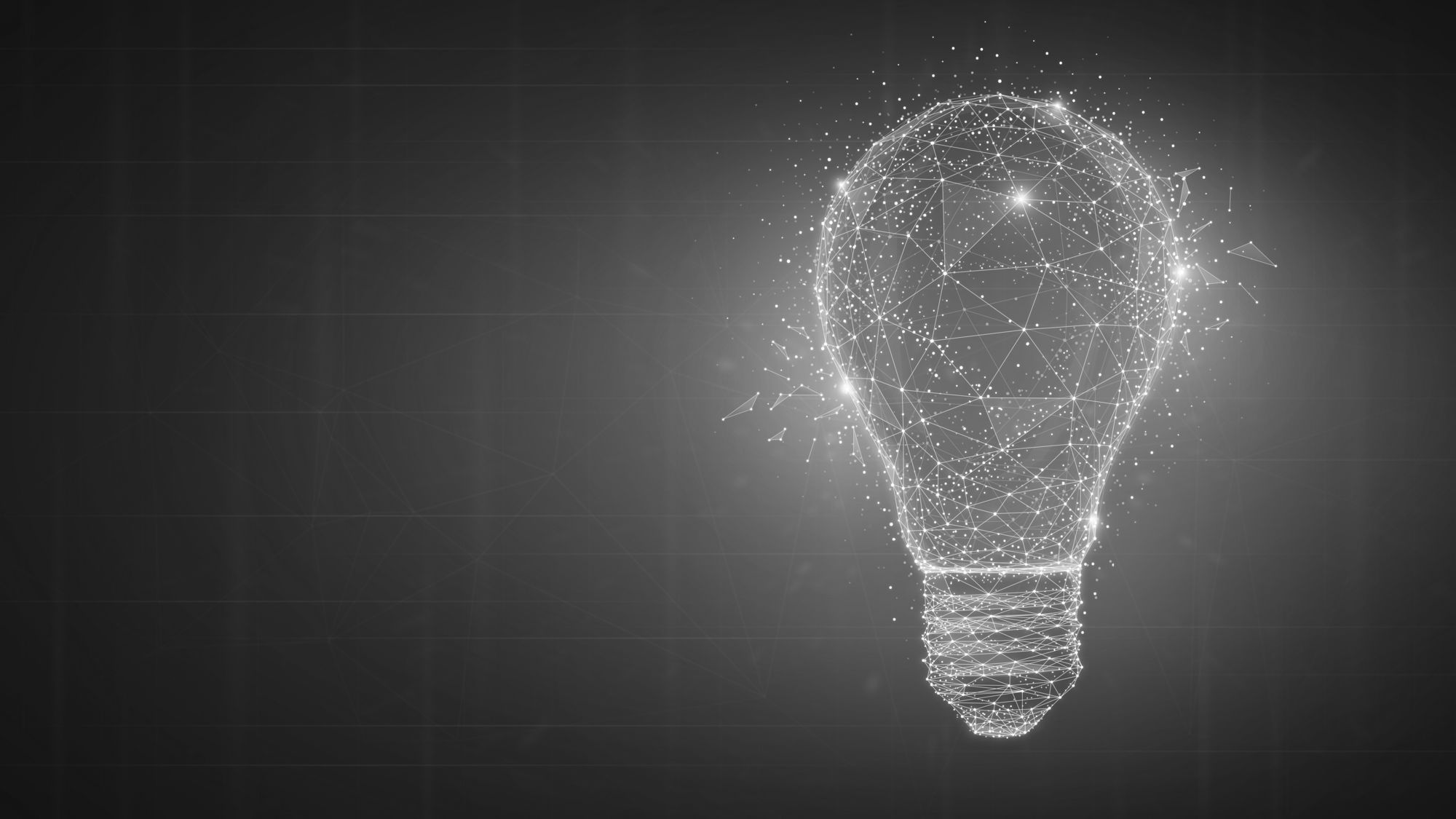 Glowing light bulb made of white lines and dots on a dark background.