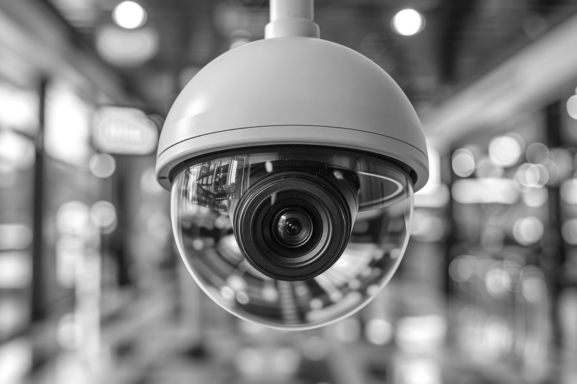 Black-and-white close-up of a dome-shaped surveillance camera in a blurred indoor space.