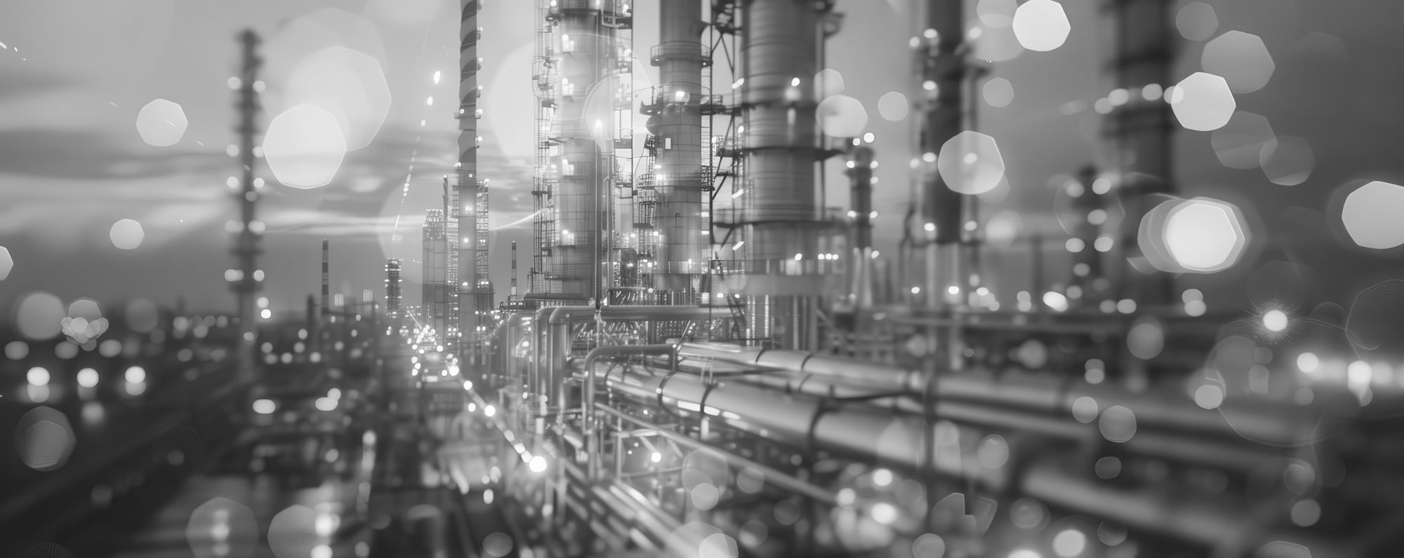 Black-and-white image of an illuminated industrial facility with tall towers, pipelines, and blurred light reflections.