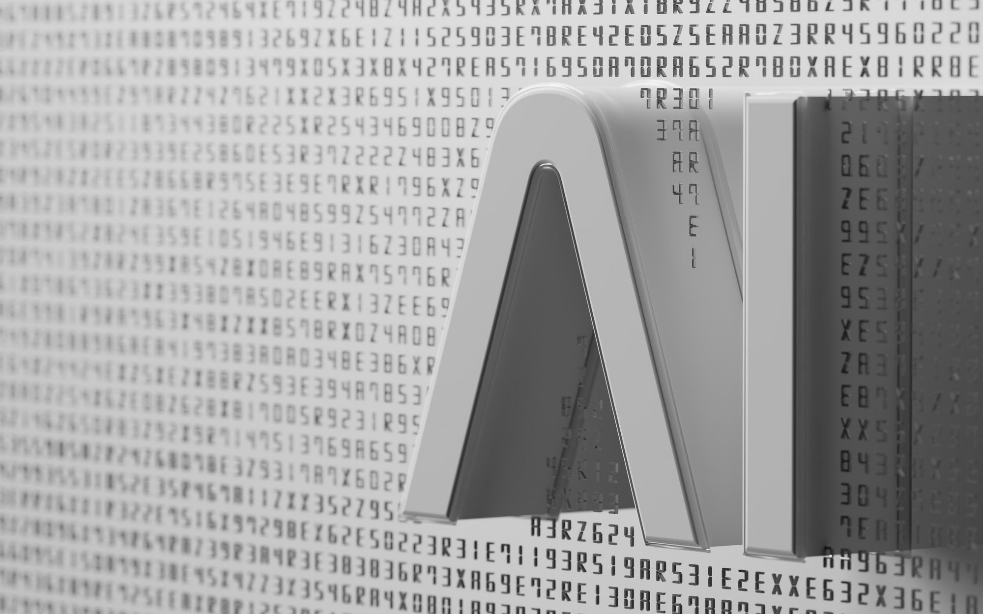 Grayscale image with densely arranged rows of numbers and letters in the background, along with several three-dimensional, A-shaped geometric forms in the foreground.