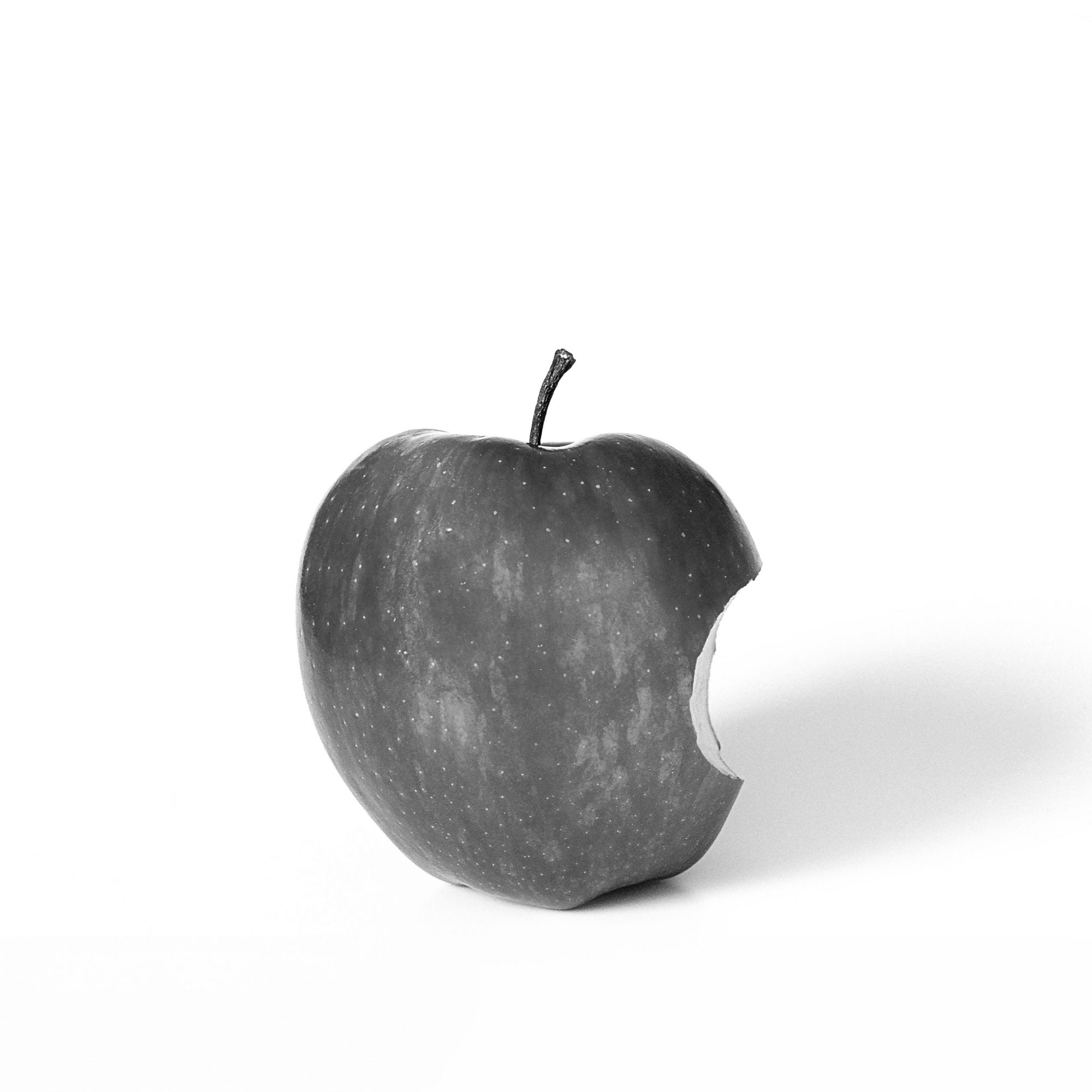 Black-and-white image of a bitten apple with a stem against a white background.