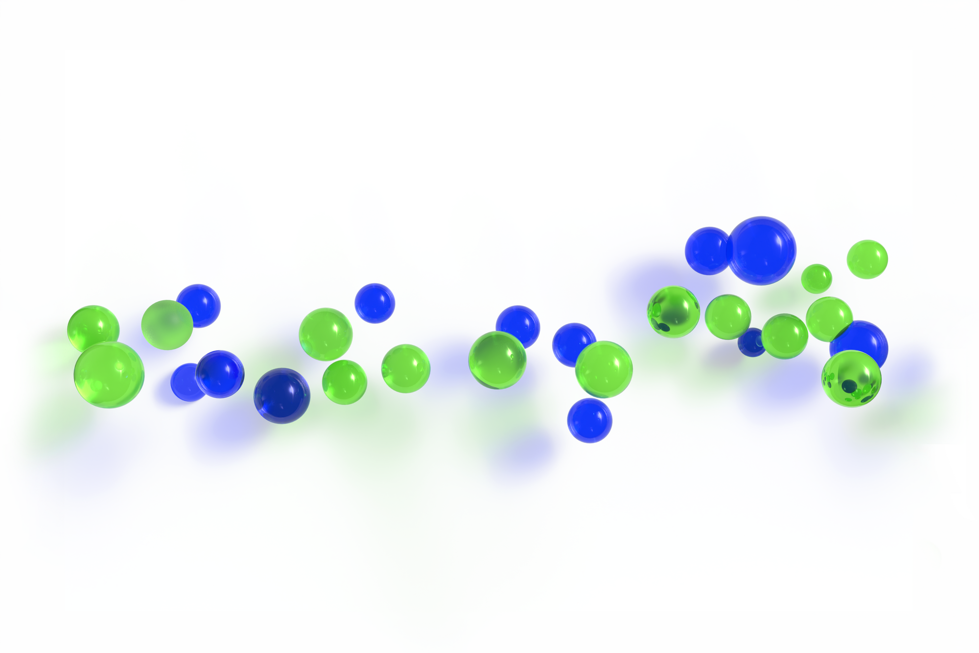 Several shiny blue and green spheres float in loose groups against a white background, casting soft colored shadows.
