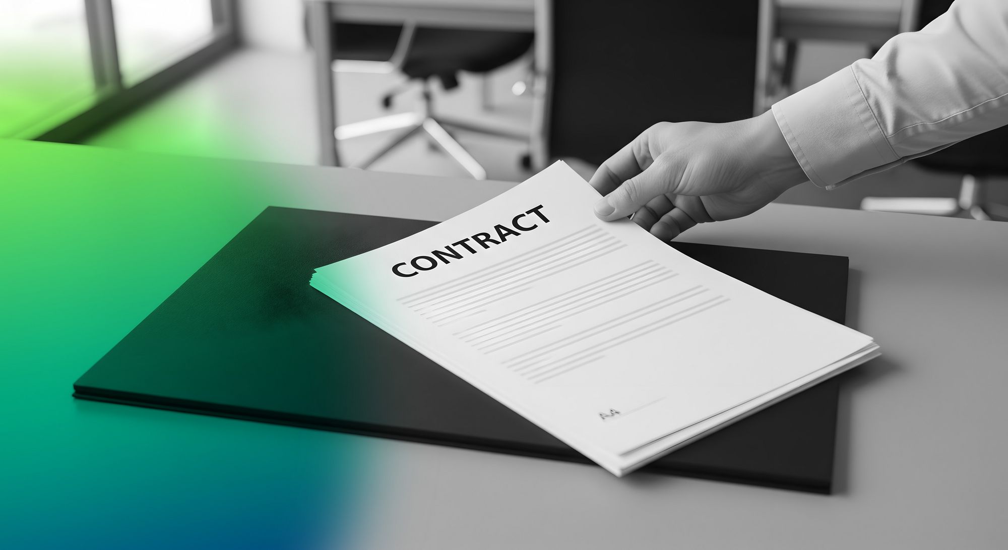 A hand places a document labeled “CONTRACT” on a black folder on a desk.