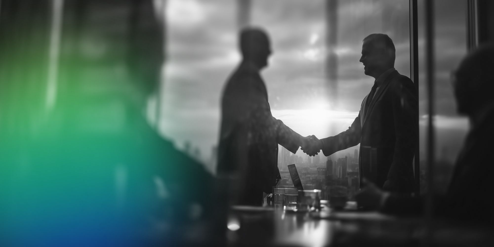 Two men in suits shake hands in a modern office in front of a wall of windows; blurred people and a table are visible in the foreground.